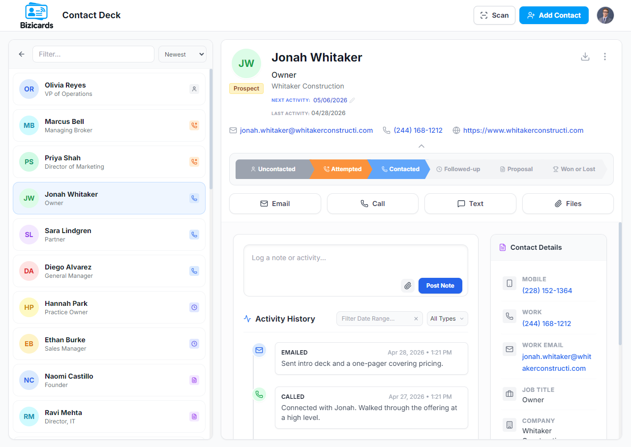 Bizicards Contact detail with activity history